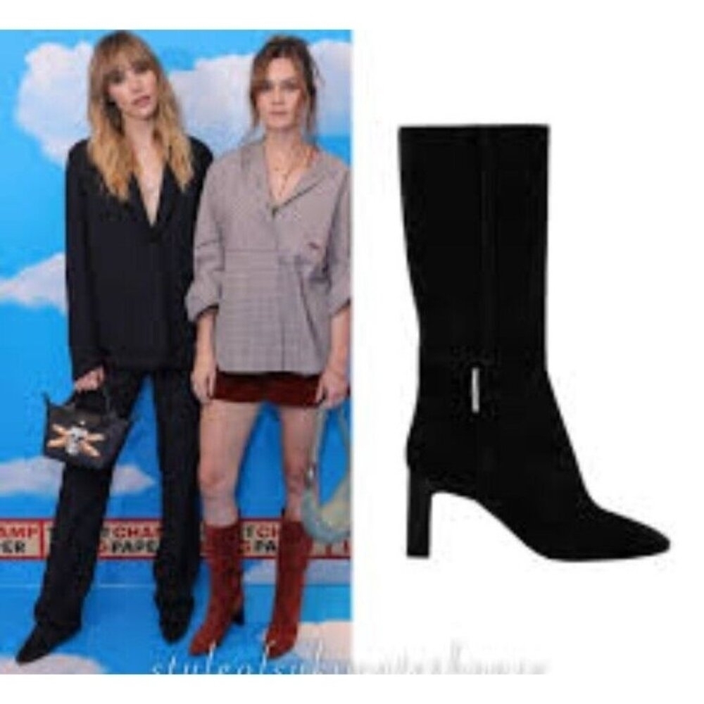 Longchamp -women’s Roseau Heeled boots Black suede leather Bamboo logo EU 38/7.5